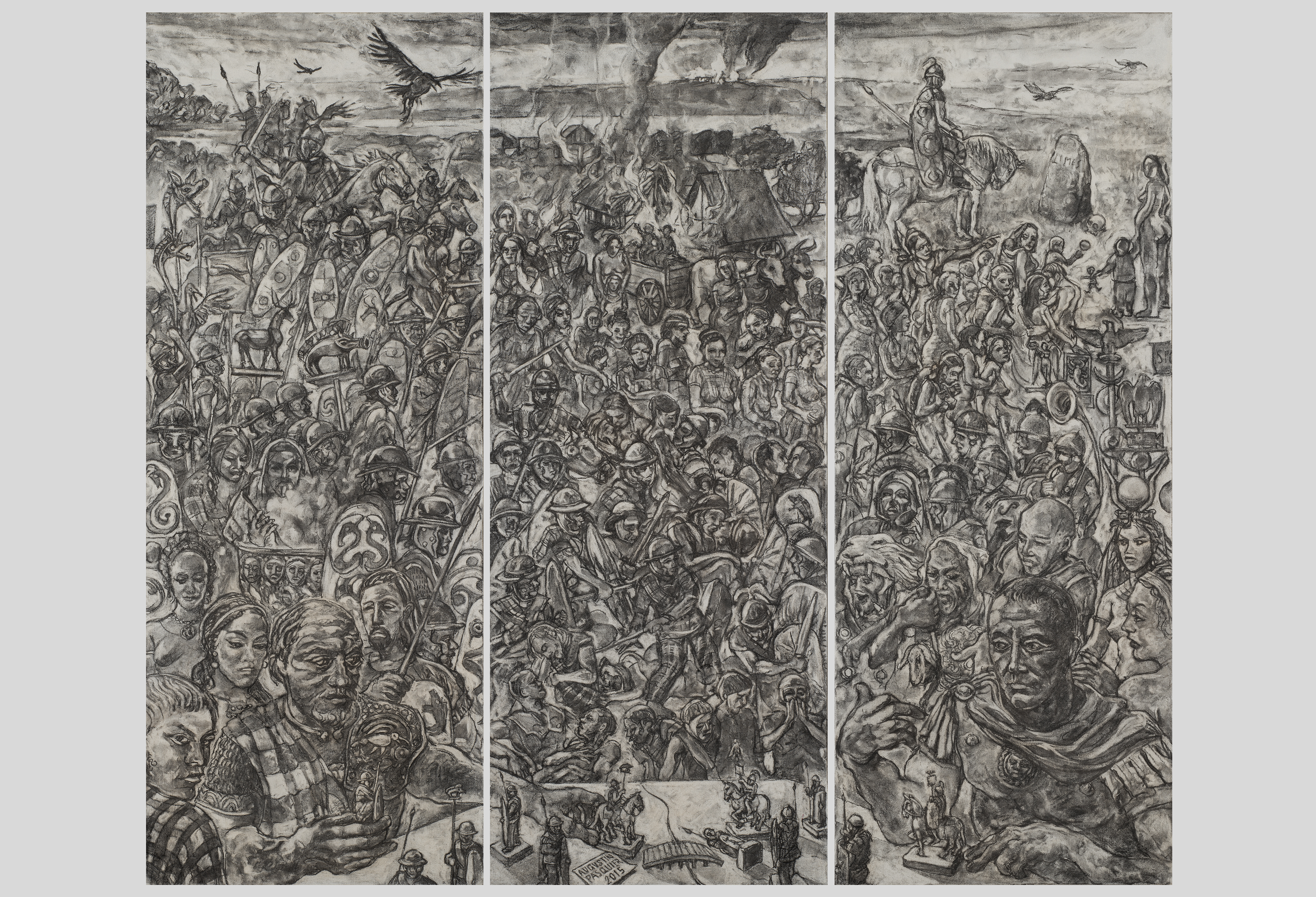 La Grande Migration des Helvètes, Triptyque, fusain sur toile de lin, 140 x 165 cm, 2015